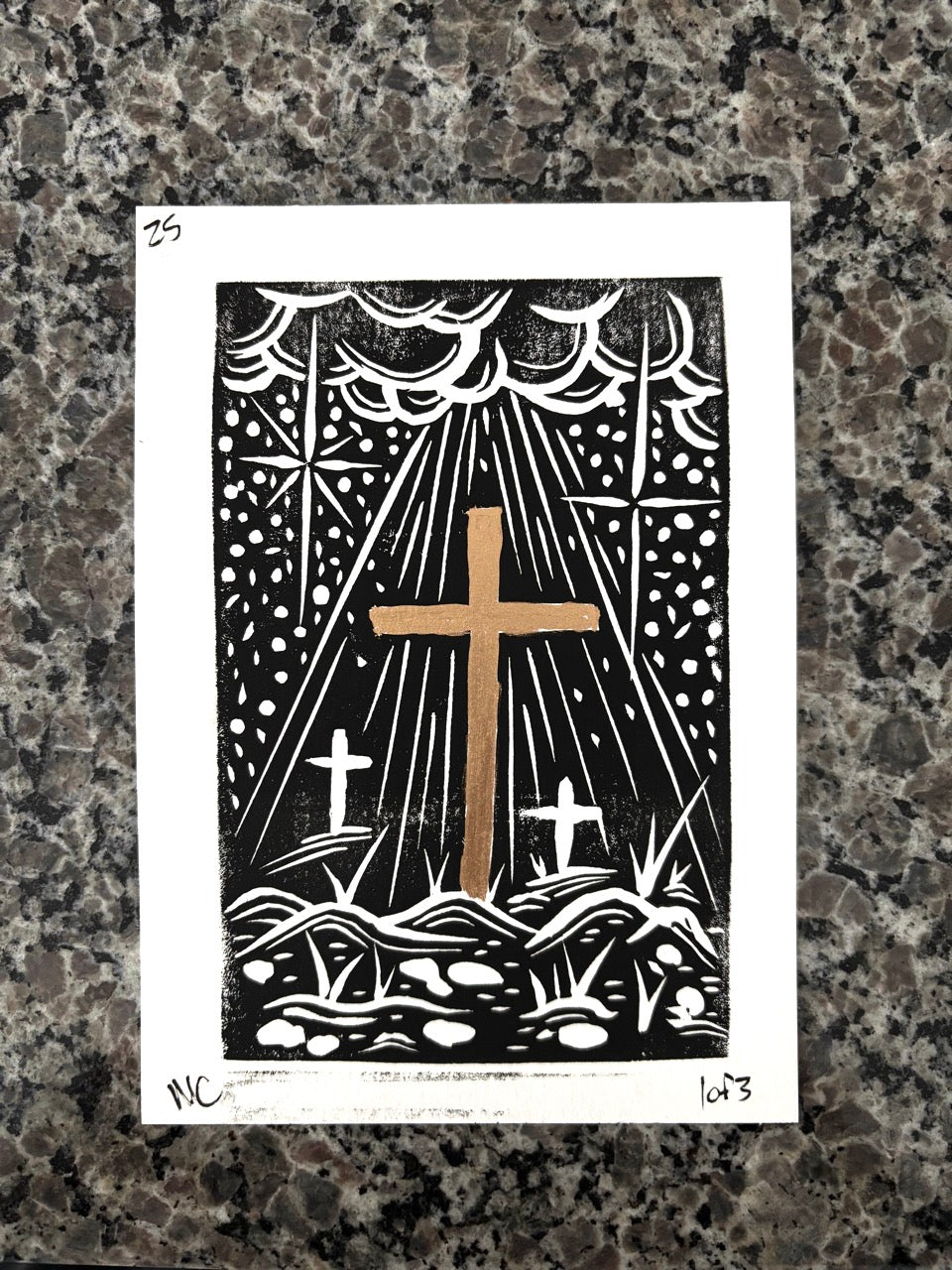 Gold Cross Lino Cut Print – 5x7 Metallic Ink on White 1
