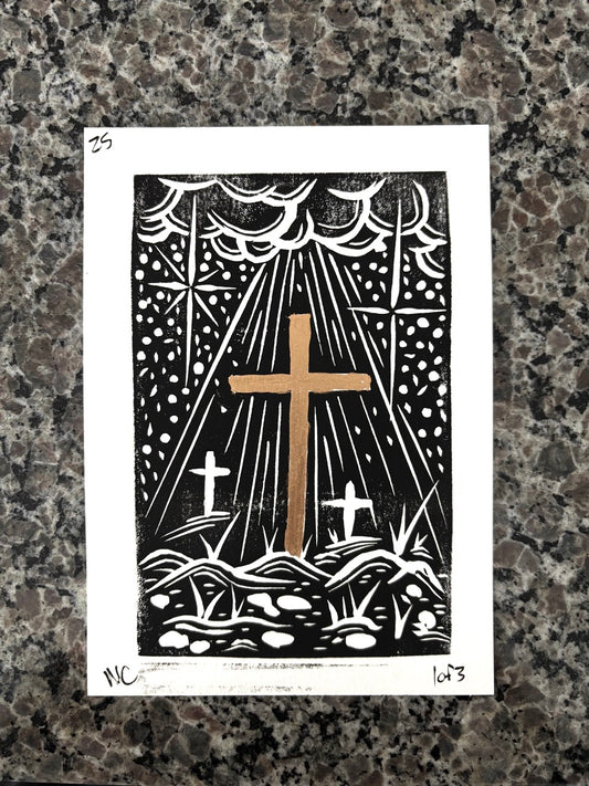 Gold Cross Lino Cut Print – 5x7 Metallic Ink on White 1