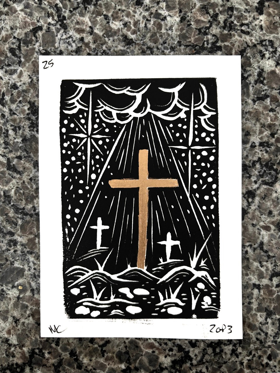 Gold Cross Lino Cut Print – 5x7 Metallic Ink on White 2