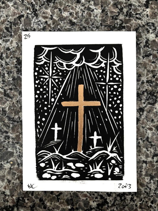 Gold Cross Lino Cut Print – 5x7 Metallic Ink on White 2