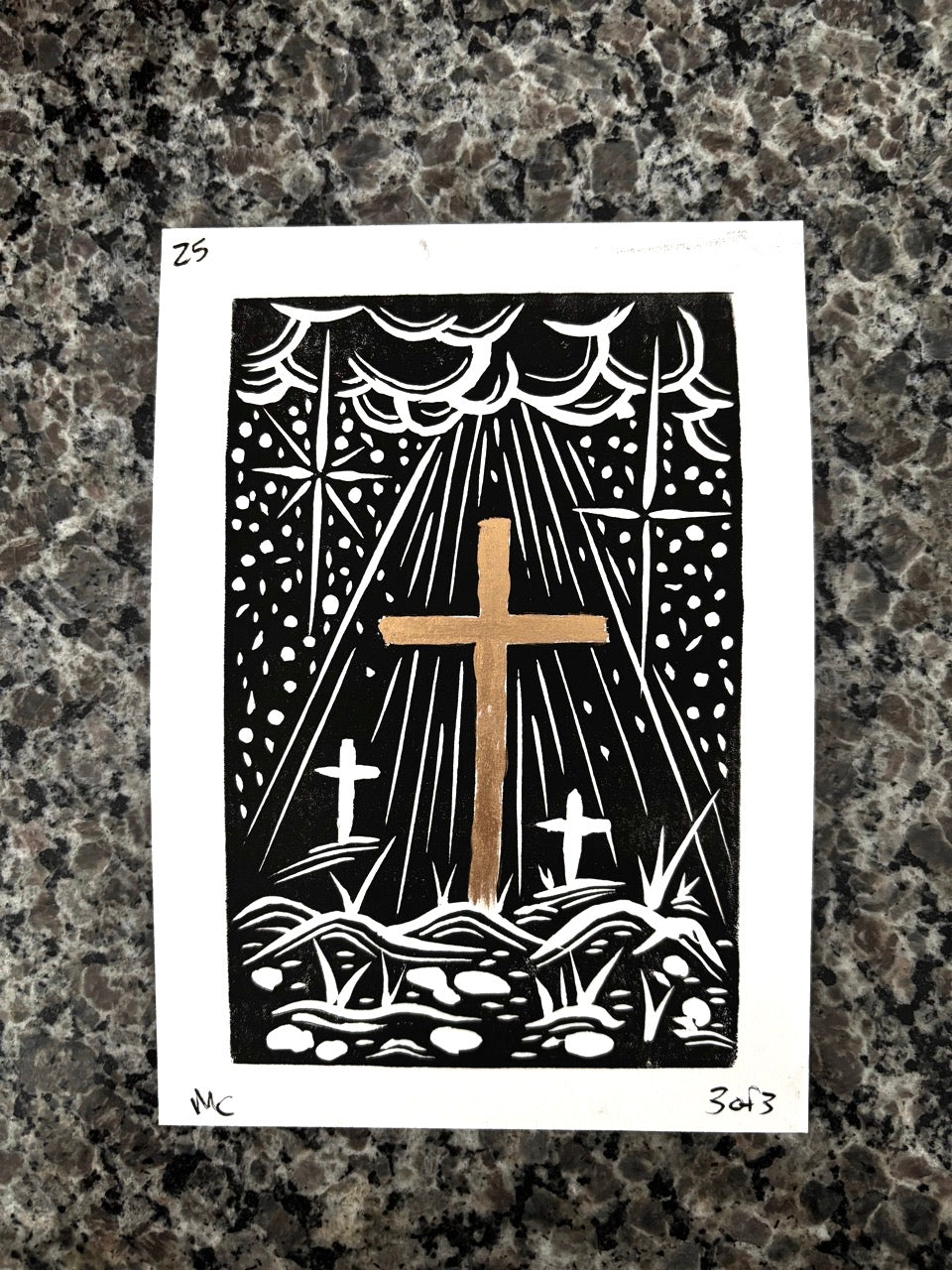 Gold Cross Lino Cut Print – 5x7 Metallic Ink on White 3