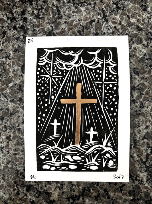 Gold Cross Lino Cut Print – 5x7 Metallic Ink on White 3
