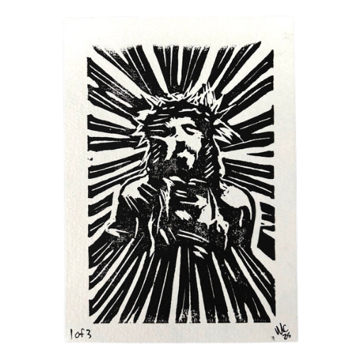 Jesus Lino Cut Print – 5x7 Black Ink on White 1