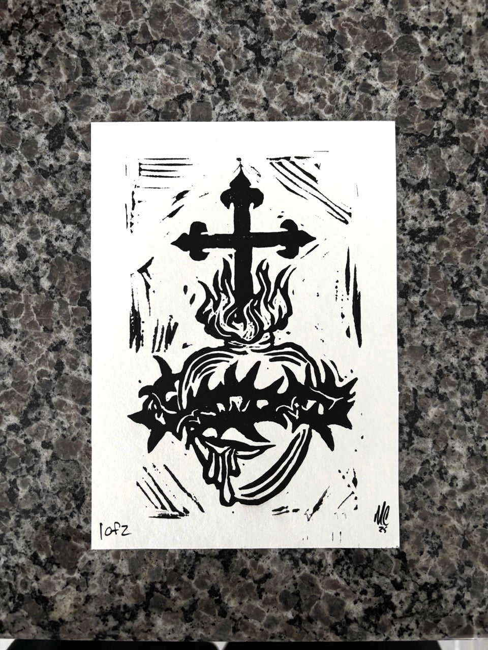 Sacred Heart Lino Cut Print – 5x7 Black Ink on White 1