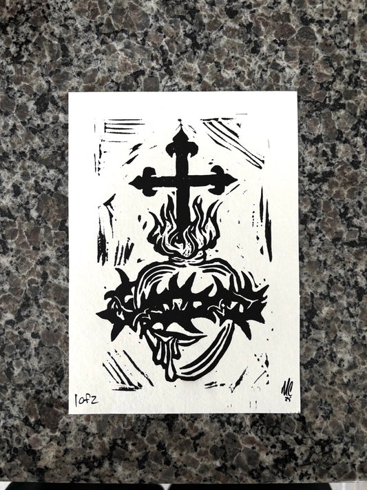Sacred Heart Lino Cut Print – 5x7 Black Ink on White 1