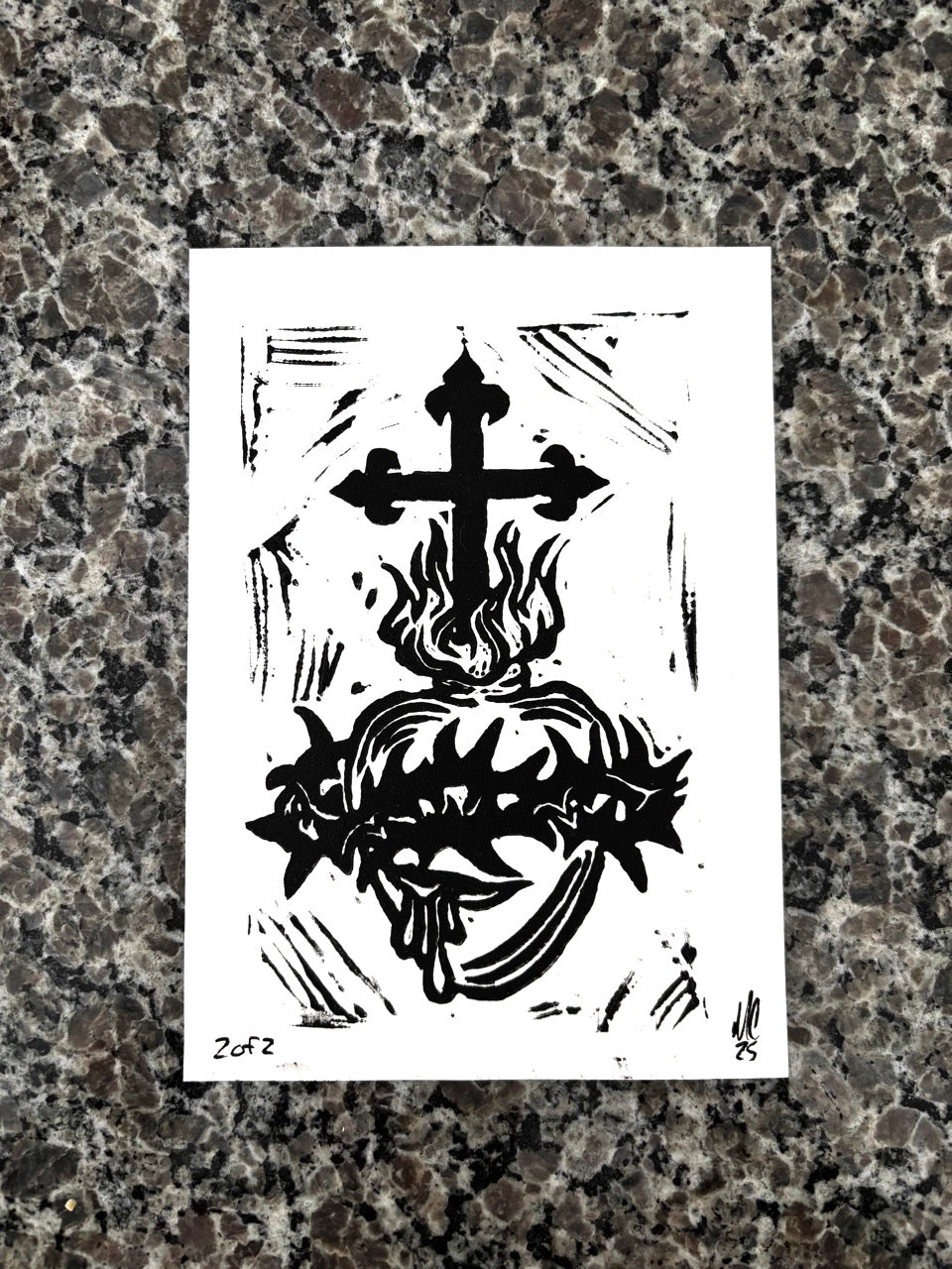 Sacred Heart Lino Cut Print – 5x7 Black Ink on White 2