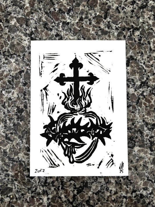 Sacred Heart Lino Cut Print – 5x7 Black Ink on White 2