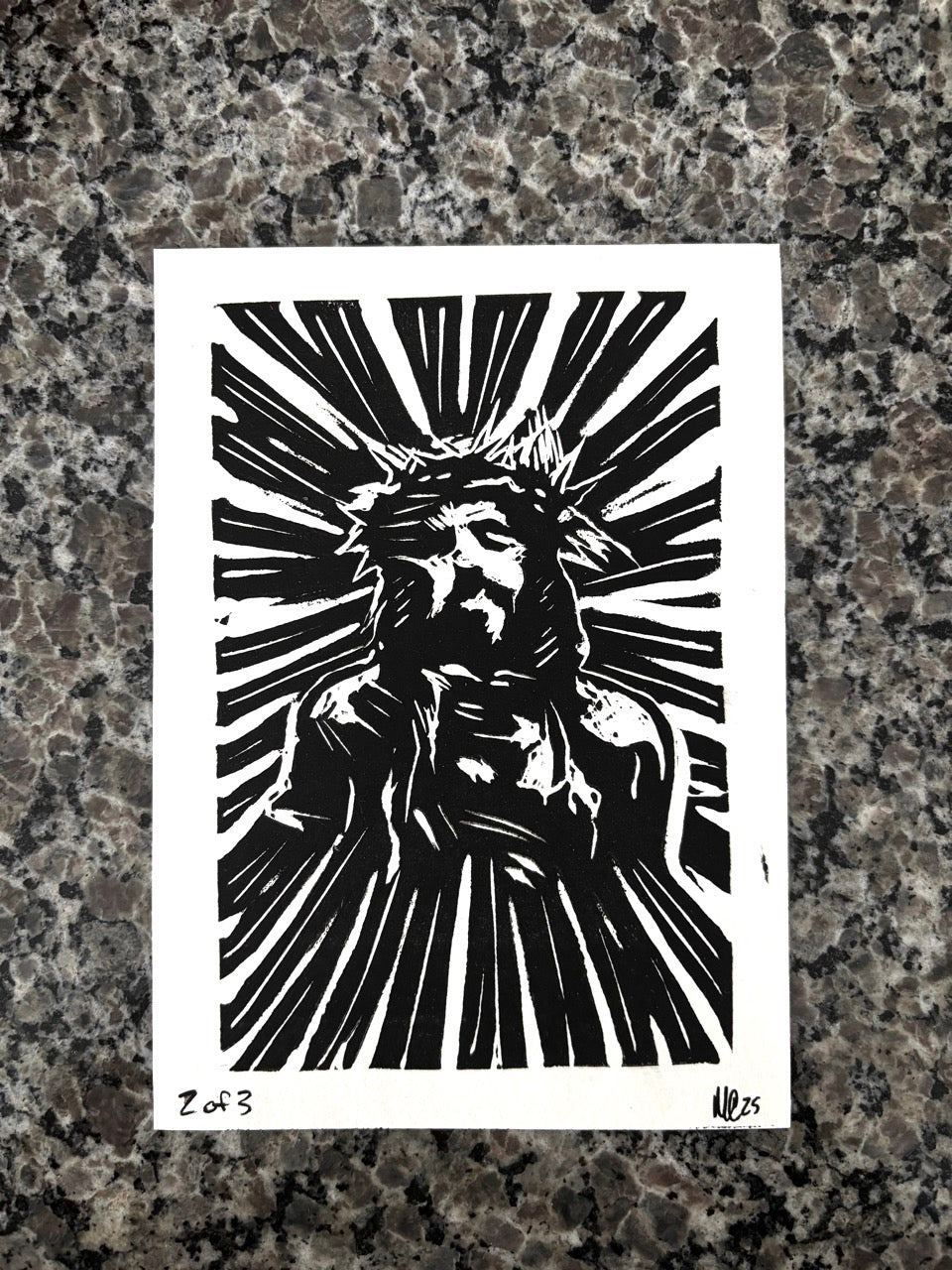 Jesus Lino Cut Print – 5x7 Black Ink on White 2