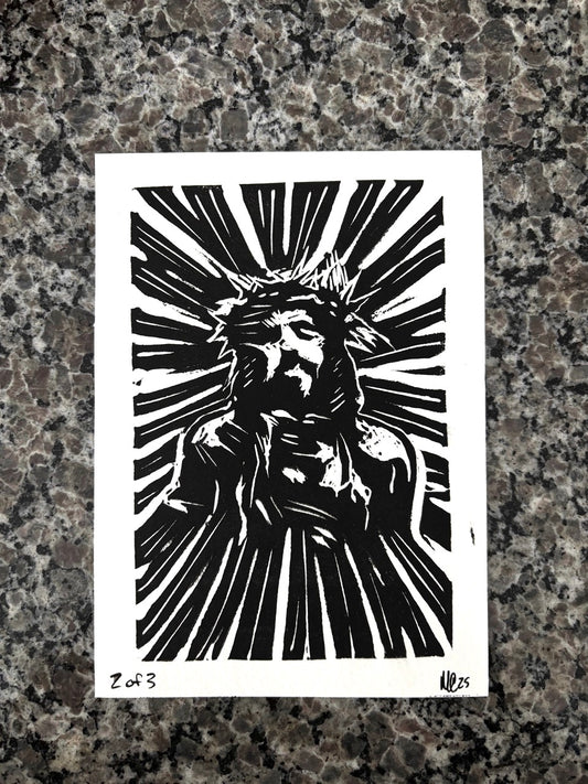 Jesus Lino Cut Print – 5x7 Black Ink on White 2